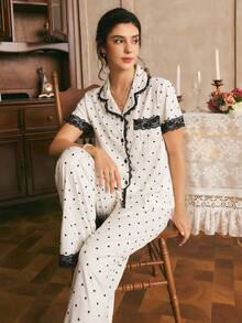Côtesoire French Elegant Polka Dot Print Knit Fabric, Contrast Color Lace Patchwork Short Sleeve Long Pants Women's Pajama Set - Black and White - View 6