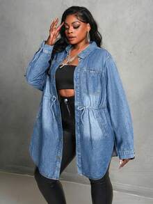 SHEIN EMERY ROSE CURVE Plus Size Casual Drawstring Waist Denim Jacket, Autumn - Light Wash - View 6
