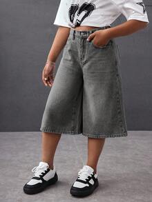SHEIN Tween Girl Casual Washed Wide Leg Jeans - Light Wash - View 6