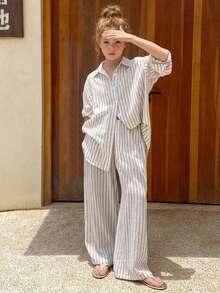 Hapijoa Tween Girl Vacation Casual Striped Shirt And Pants Set - White - View 1