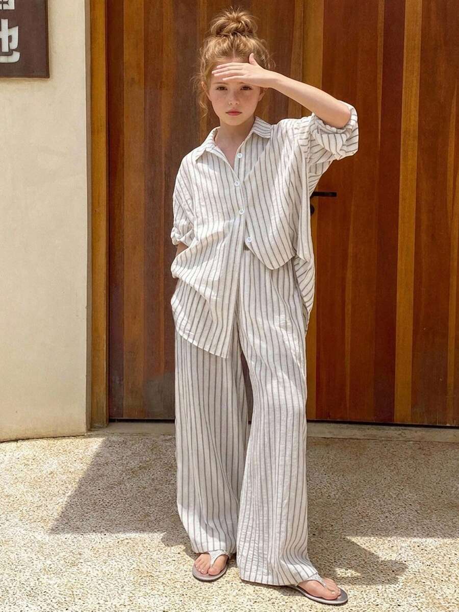 Hapijoa Tween Girl Vacation Casual Striped Shirt And Pants Set - White - View 1