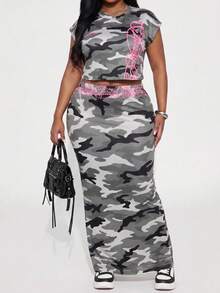 Slaydiva New Summer/Fall Plus Size Women's Sleeveless Cropped Top + Skirt 2pcs
/Y2K/Streetwear/Back To School/Going Out/Club/Concert/Party/Chic/Night Out/Camo - Army Green - View 7