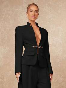 Lumalex Early Spring High Collar, Front Mid-Deep V-Neck, Contrast Color Leather Button - Black - View 7