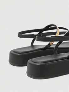 HighSole 女款舒適休閒厚底夾腳涼鞋 綁帶方頭 夏季日常通勤極簡咖啡色厚底涼鞋 - 黑色 - 查看 4