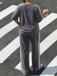 Muchica 2件套加大码女式休闲条纹短袖T恤和裤子套装 - 深灰色 - 查看 5