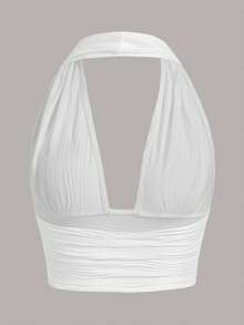 SHEIN ICON Solid Backless Crop Halter Y2k Top - White - View 3