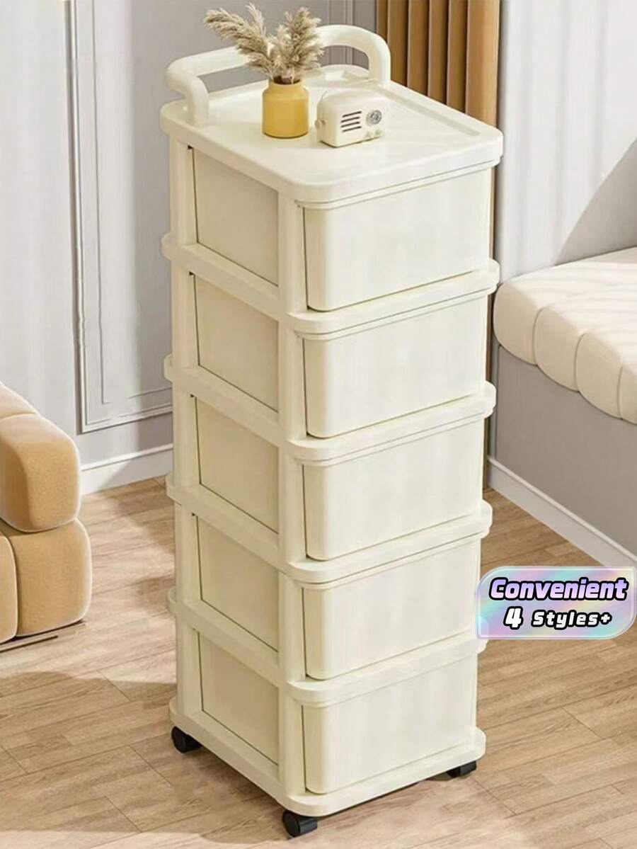 One Cream-Colored Plastic Storage Cabinet With Wheels And Drawers, Odorless, Suitable For Storing Snacks And Toys. - Multicolor - View 1