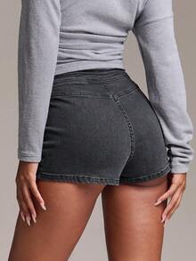 SHEIN BAE Women's Button Design Casual Versatile Denim Shorts - Black - View 2