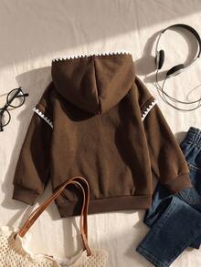 SHEIN 女童可愛熊與英文字母印花貝殼刺繡針織連帽套頭衛衣，休閒保暖內裡，適合秋冬穿著 - 棕色 - 查看 3