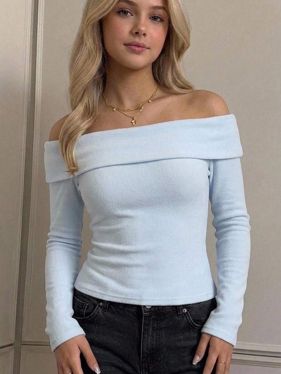 SHEIN 青少年女孩純色露肩修身百搭休閒T恤 - 藍色 - 查看 1