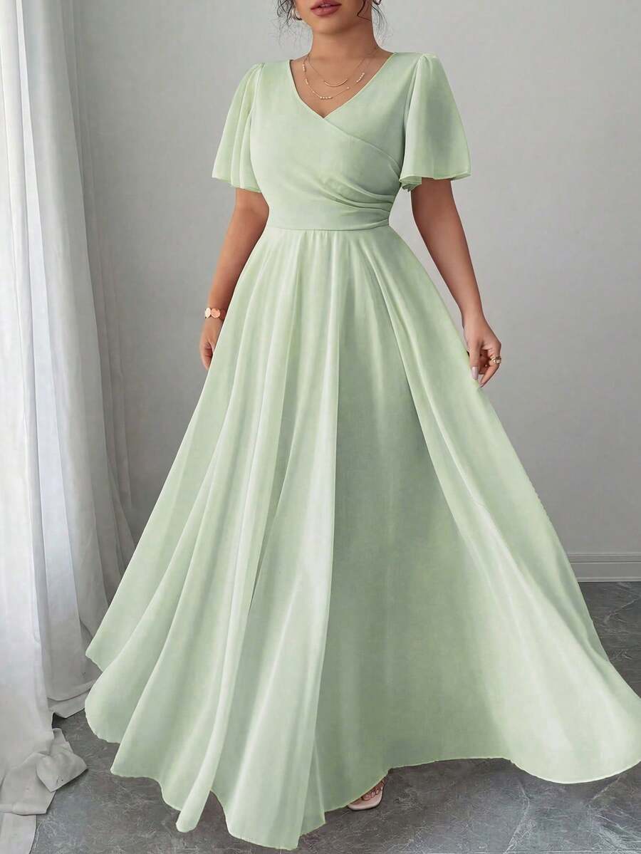 Elenzga Plus Size Women's V-Neck A-Line Chiffon Dress With Ruffle Sleeves, Simple Elegant And Romantic - Green - View 1