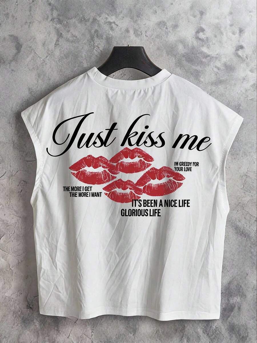 Manfinity ZONE917 Tank Top Potongan Longgar Gaya Jalanan dengan Motif Lucu JUST Red Lips Slogan, Cocok untuk Musim Semi/Panas, Hadiah untuk Pacar - Putih - View 1