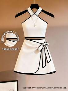 SHEIN Franclia 夏季白色與黑色拼接露肩上衣搭配白色蝴蝶結裙 2 件套，優雅通勤商務女裝，適合辦公室、派對、宴會、約會、海灘與海邊 - 白色 - 查看 1