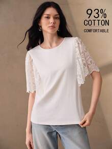 Anewsta New Fashion Elegant Design Lace Patchwork Loose Casual Women's T-Shirt - White - View 6