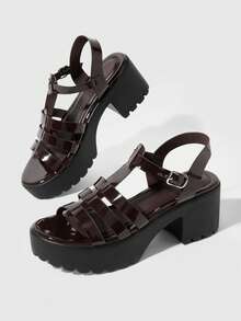 HighSole Women's Fashion High Heel Strap Sandals Simple Fashion Casual Daily - Coffee Brown Mirror - View 5