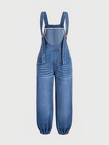 LUMIGAL Cold Shoulder Adjustable Strap Loose Washed Boho Denim Jumpsuit, Suitable For Daily Commute, Outings, Gatherings And Other Occasions - Blue - View 3