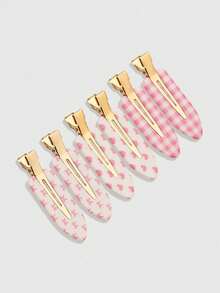 ROMWE Kawaii 6入粉色格紋愛心蝴蝶結無縫女用髮夾，可愛風格，適合日常通勤、拍照，百搭髮飾 - 多色6 - 查看 6