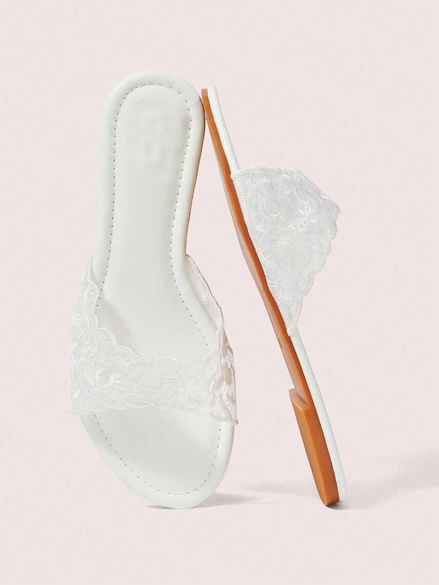 CUCCOO DOLLMOD Women's Shoes White Embroidered Decorative Sweet Style Ladies Sandals, Flat Slippers - White - View 1