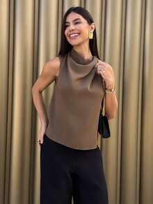 Yohana Edit 女款優雅辦公風棕色調上衣，夏季時尚通勤日常度假音樂節不對稱百褶杏色老錢風 - 棕色 - 查看 2