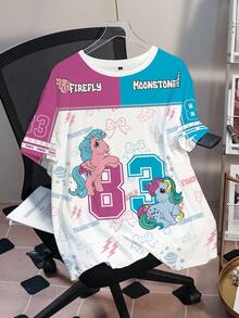 My Little Pony X SHEIN تي شيرت مقاس كبير بطبعة كرتونية لطيفة برقبة دائرية وأكمام قصيرة - أبيض - مشاهدة 1