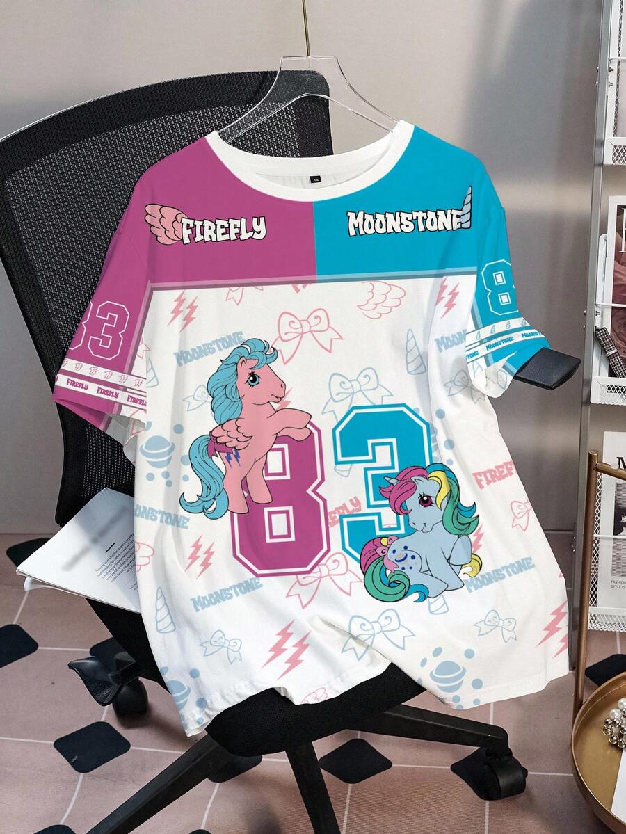 My Little Pony X SHEIN تي شيرت مقاس كبير بطبعة كرتونية لطيفة برقبة دائرية وأكمام قصيرة - أبيض - مشاهدة 1