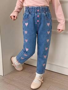 SHEIN Girls' Personalized Versatile Comfortable Casual Vacation Fashion Street Style Washed Soft Cute Colorful Embroidered Bud Waist Long Pants Thin Summer - Medium Wash - View 4