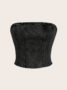 SHEIN MOD 女款時尚休閒抹胸塑形牛仔上衣 - 黑色 - 查看 2