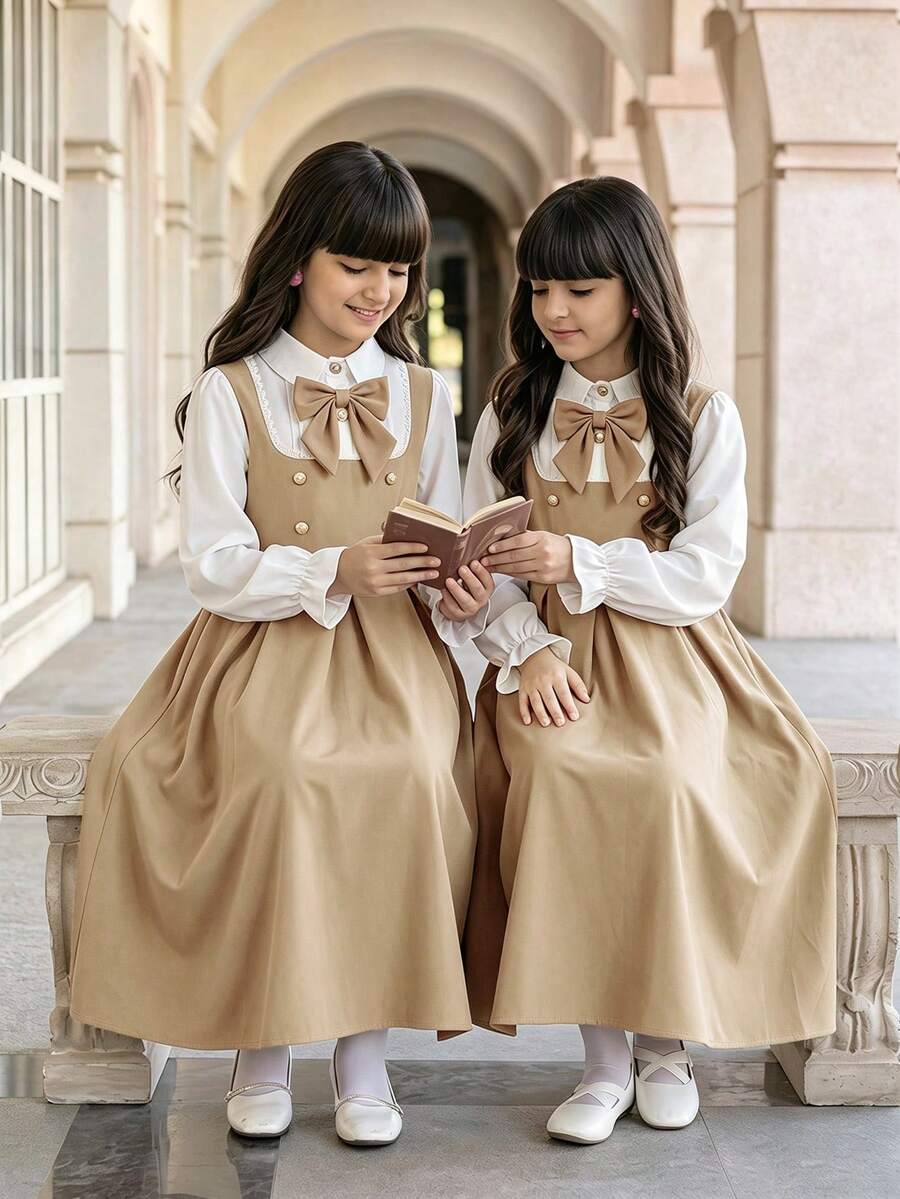 SHEIN 青少年女孩秋季洋裝,粉色與紫色主色調,搭配純白色蕾絲飾邊,喇叭袖荷葉邊長袖 - 卡其色 - 查看 1