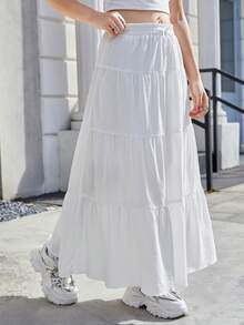 SHEIN Teen Girl Casual Pleated Loose White Long Skirt - White - View 3