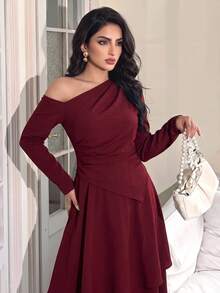 Feyla Women's Solid Color Asymmetrical Shoulder Pleated Casual Daily Summer Midi Dress - Burgundy - View 6