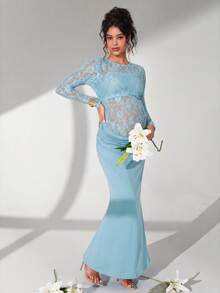 Cheriluna Maternity 純色蕾絲長袖長版抓皺魚尾下擺孕婦拍照套裝 - 淺藍色 - 查看 6