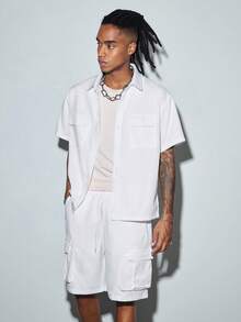 Modcrash Men's Black Utility Style Short Sleeve Shirt And Drawstring Cargo Shorts 2-Piece Set, Street Style With Branded Details - White - View 1