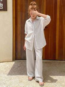 Hapijoa Tween Girl Vacation Casual Striped Shirt And Pants Set - White - View 6