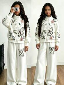 SHEIN Tween Girls 2pcs/Set Fall Set Floral Butterfly Zip Jacket Wide Leg Pants Outfit, Cute, Casual - White - View 3