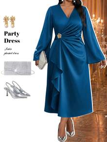 Fleurora Plus Size Women's Solid Color V-Neck Metal Decor Pleated Casual Party Dress - Teal Blue - View 1