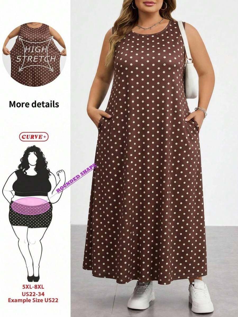 SHEIN CURVE+ 大尺碼女款秋冬波點寬鬆洋裝,休閒舒適,適合居家與通勤穿著 - 棕色 - 查看 1