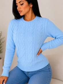 Sueter Jersey de punto casual de cuello redondo con perlas e hilos plateados bonito y calientito con trenzas - Azul Cielo - Ver 4