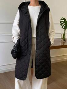 DAZY Solid Color Quilted Diamond Pattern Hooded Sleeveless Long Elegant Formal Autumn/Winter Women's Padded Coat - Black - View 5