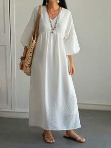 DAZY Summer Autumn Casual Sweetheart Neck Long Sleeve Ruched Waist Ruffle Hem Elegant Women Mid-Length Dress - White - View 7