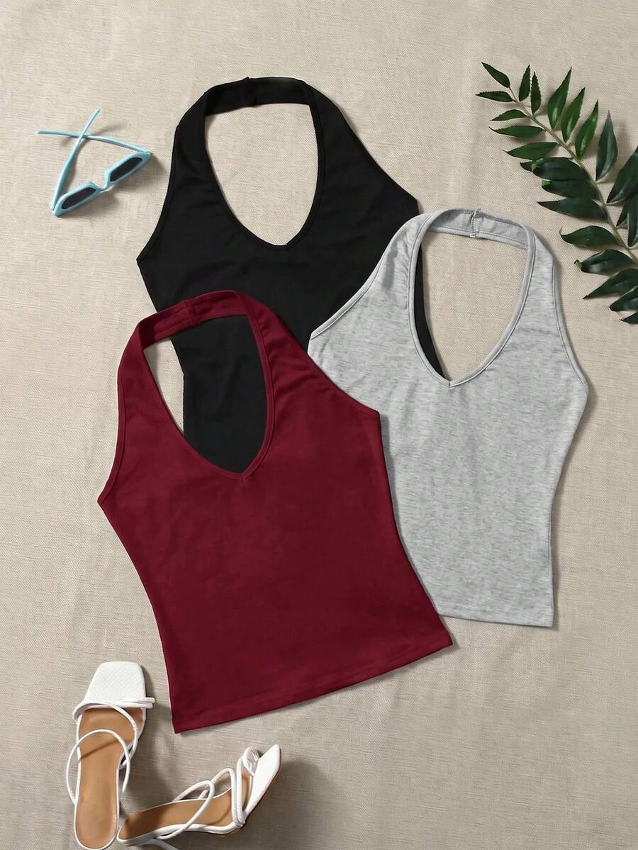 SHEIN EZwear 大尺碼女款純色修身百搭日常穿搭掛脖上衣 外出度假用 夏季性感款 黑色 紅色 銀色 - 紅色 - 查看 1
