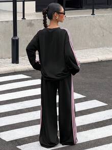 Muchica Ensemble 2 pièces décontracté pour femme avec top à col rond manches longues et pantalon blocs de couleurs pour un usage quotidien - Noir - Voir 3