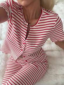 DAZY 女款條紋短袖上衣與長褲家居服套裝 - 紅白色 - 查看 1
