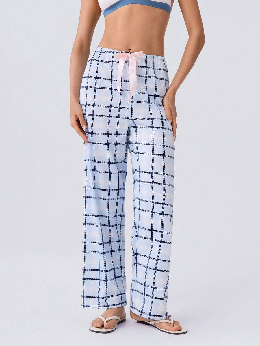 Loungeista 女士休闲宽松蝴蝶结装饰格子睡裤，秋冬款 - 藍色 - 查看 1