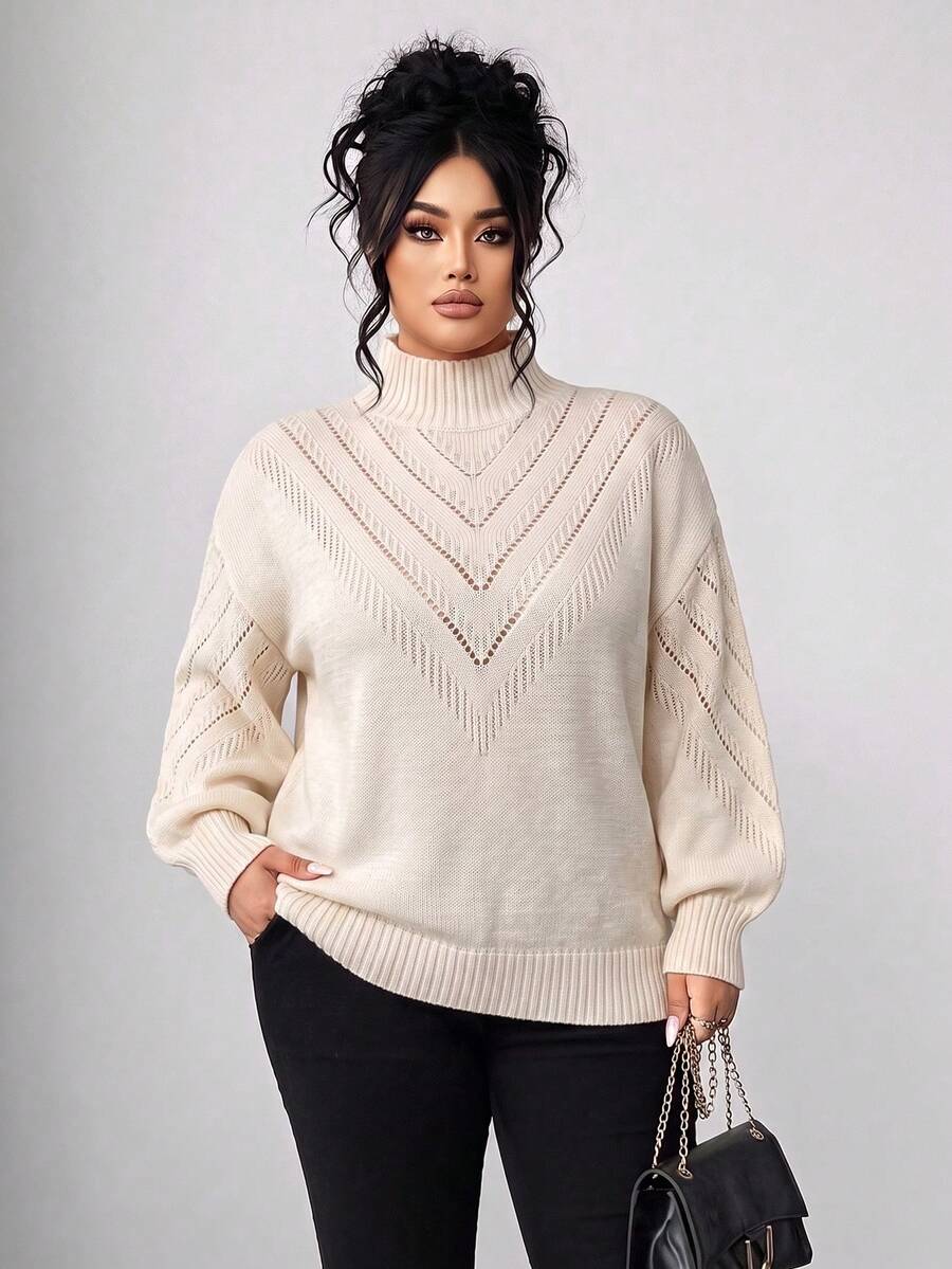 Elenzga Plus Size Women Winter Knit Hollow V-Neck Pattern Top, Casual Versatile Solid Color High Neck Pullover Sweater - Beige - View 1