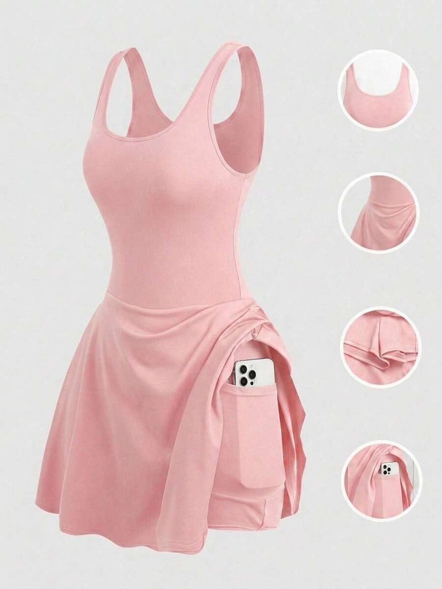 SHEIN 青少年女孩春夏新款粉色針織高彈性無袖方領露背連身裙,內建內搭褲防走光,運動瑜伽休閒運動裙褲 - 粉色 - 查看 1