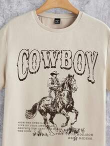 Azurnel Vintage Wild Cowboy Poster Print Casual Slim Fit Khaki Short Sleeve T-Shirt For Men - Khaki - View 4