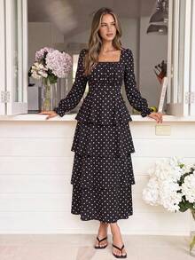 KARISMINA Women's Polka Dot Square Neck Multi-Layer Ruffle Hem Elegant Long Dress,Polka Dot Tiered Maxi Dress, Tiered / Layered,Vacation,Wedding Guest - Black - View 4