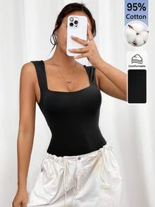 SHEIN PETITE 純色圓領背心式黑色連身衣，適合外出、夏季基礎簡約風，小碼女款 - 黑色 - 查看 7