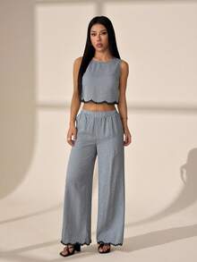 SHEIN PETITE 女款黑白格紋夏季兩件套，圓領背心上衣搭配鬆緊腰長褲，優雅度假茶會休閒穿搭，適合嬌小女性 - 黑與白 - 查看 8