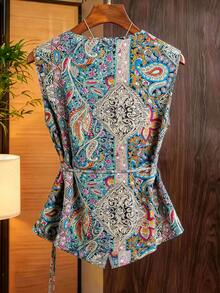 SHEIN LUNE CURVE 大码女式复古彩色腰果花V领交叉系带无袖修身衬衫，时尚休闲背心，适合工作、度假、约会等场合，百搭夏季新品 - 彩色 - 查看 2